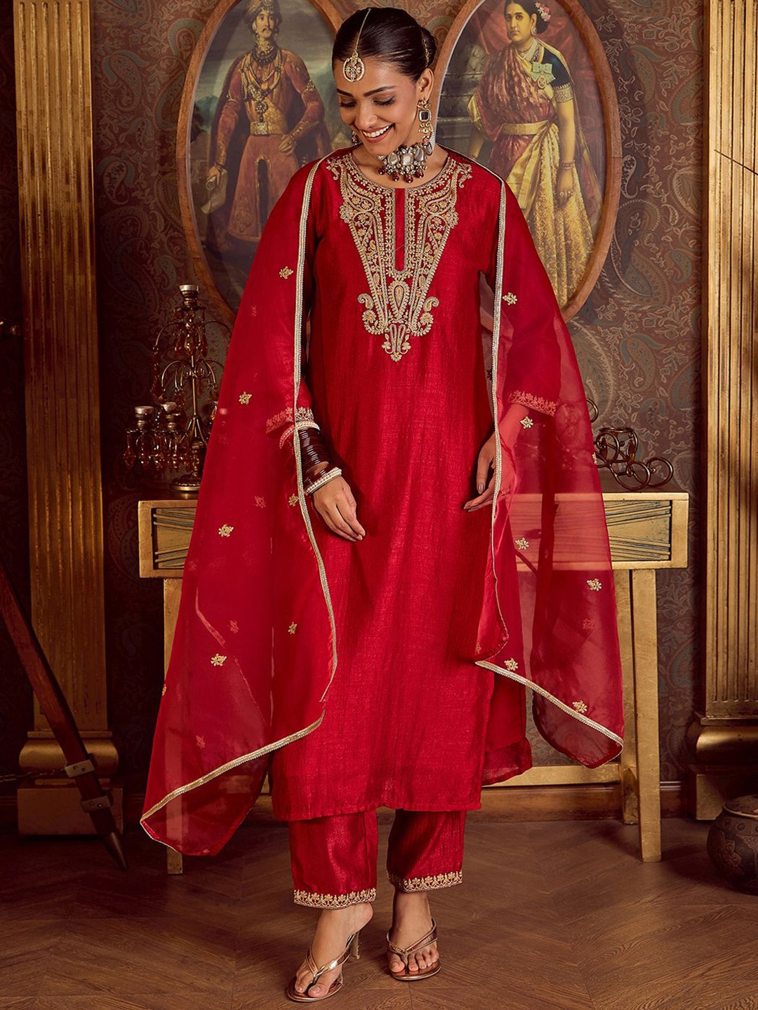 

Indo Era Ethnic Motifs Yoke Design Thread Work Kurta with Palazzos & Dupatta, Red