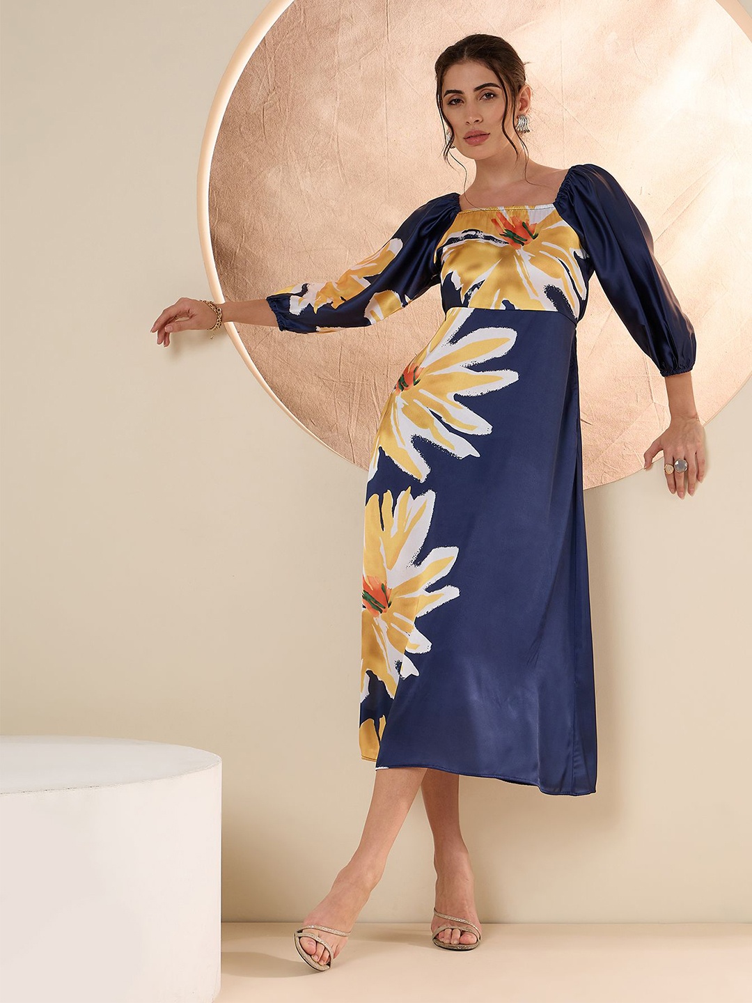 

Antheaa Floral Printed Satin A-Line Midi Dress, Navy blue