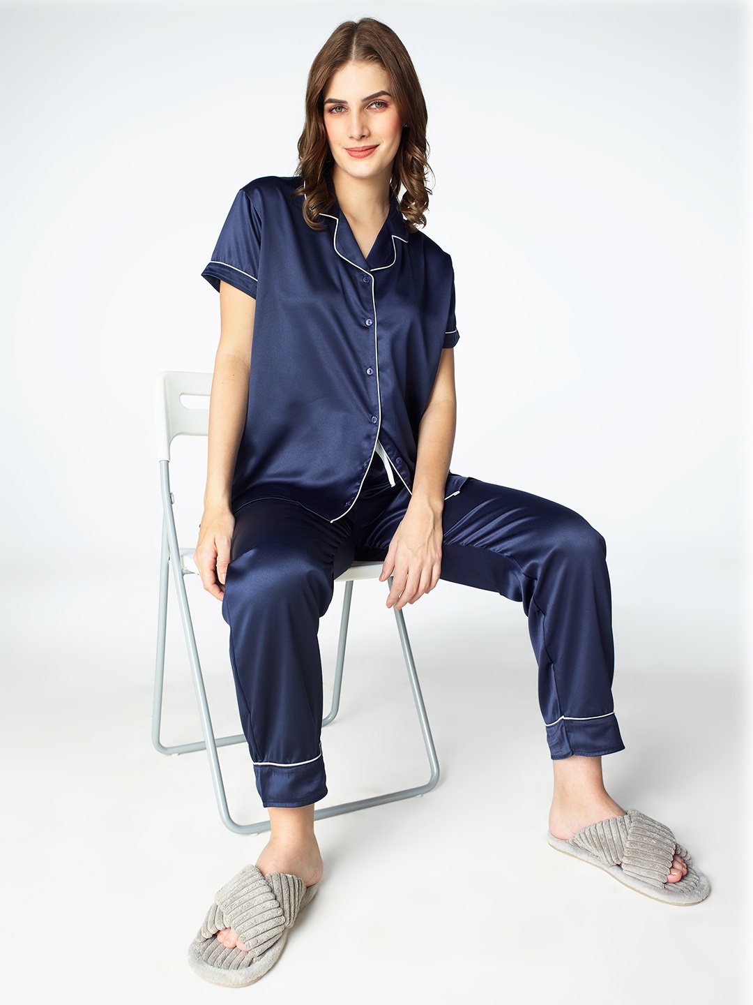 

Zeyo Women Lapel Collar Satin Night Suit, Navy blue