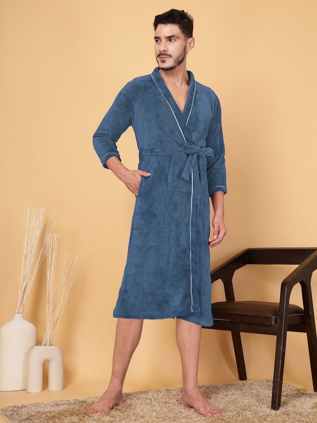 

FABINALIV Men Solid Cotton Bath Robe with Belt and 2 Cross Pockets, Blue