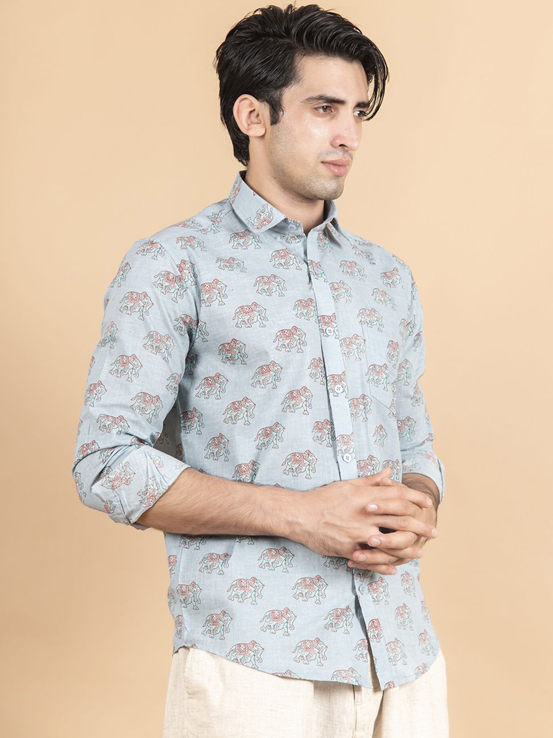 

Tistabene Men Standard Spread Collar Animal Printed Cotton Casual Shirt, Blue