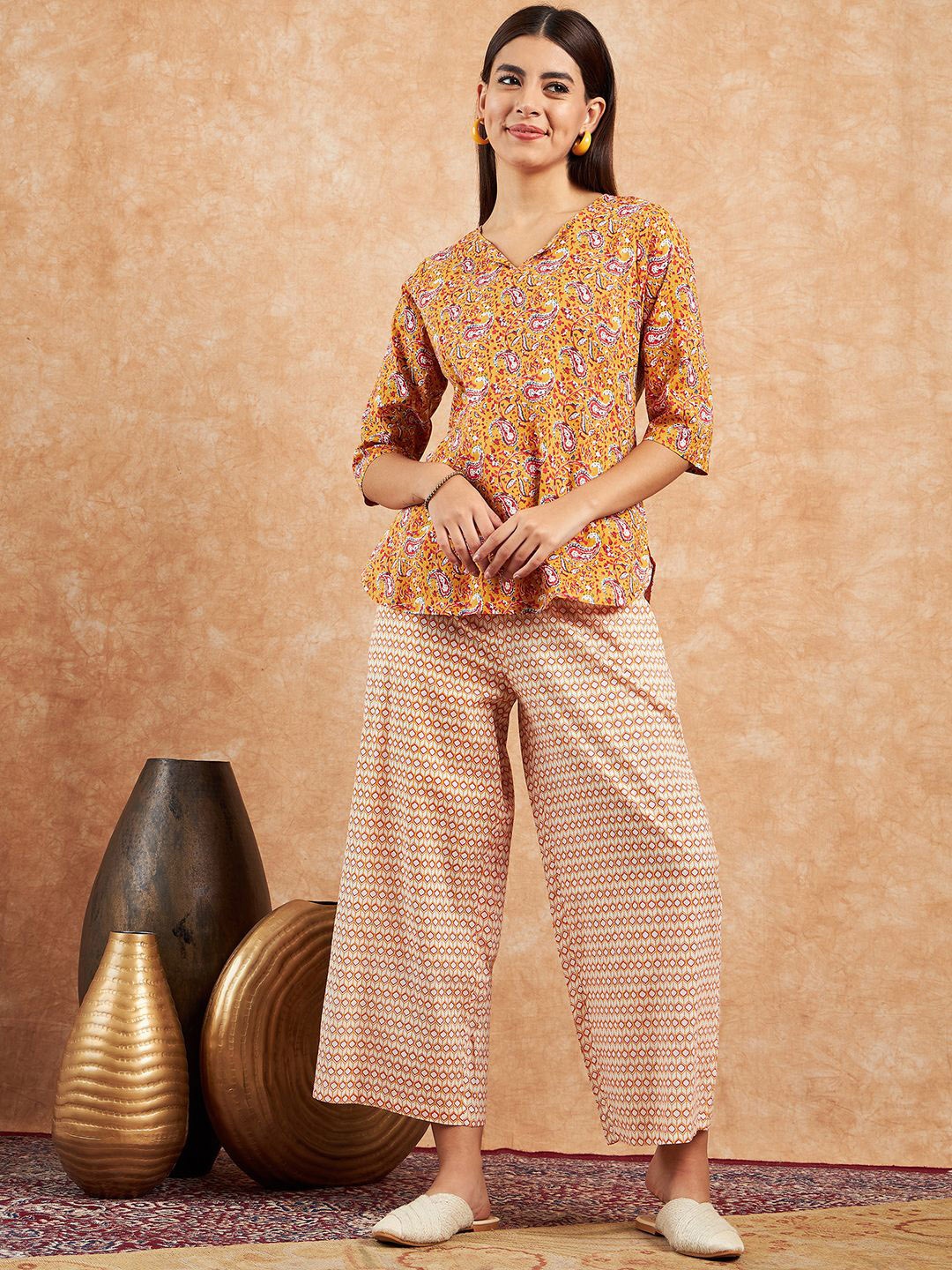 

Modeve Women Ethnic Motifs Printed Pure Cotton Night suit, Mustard