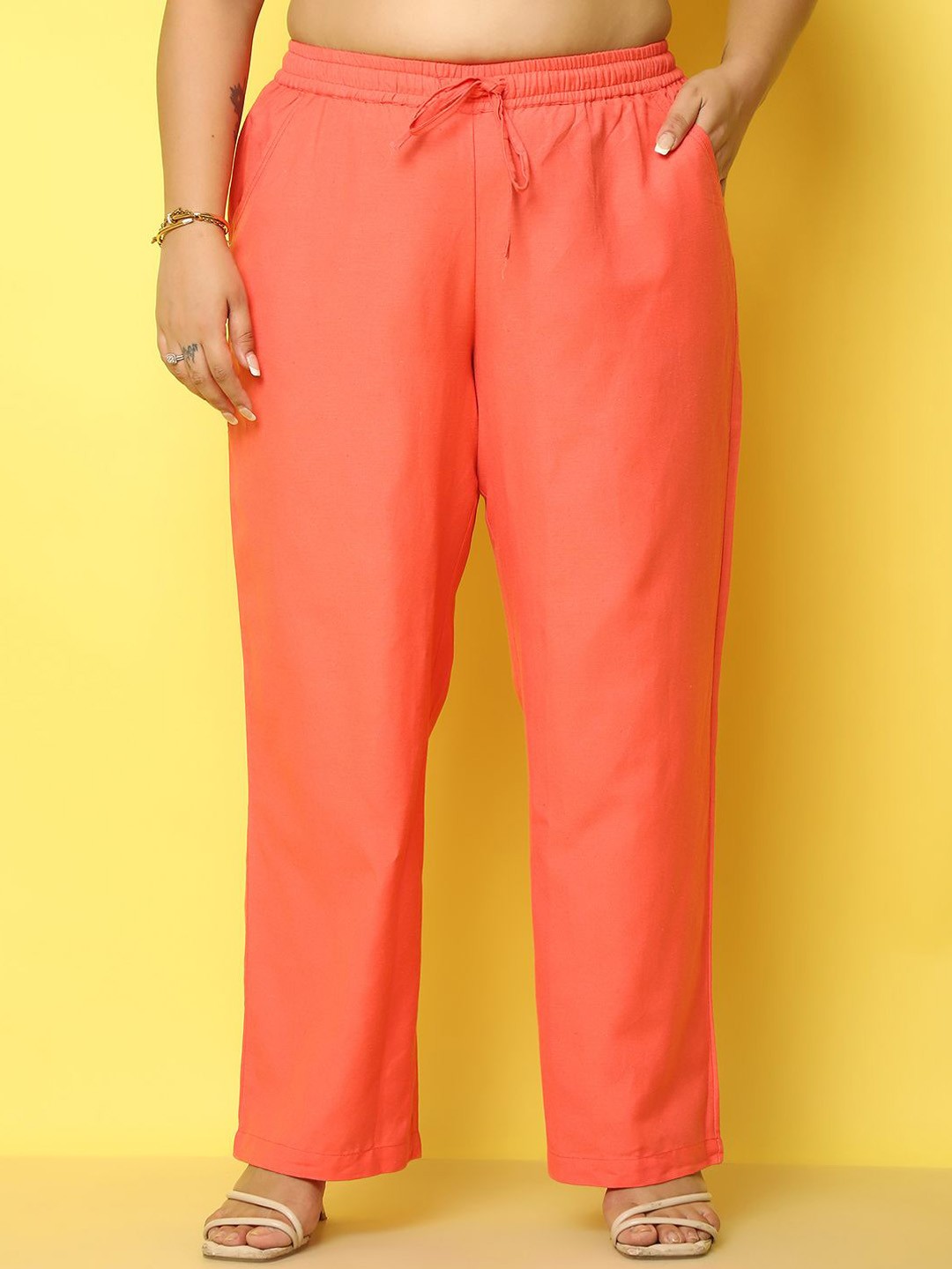 

theRebelinme Women Relaxed Straight Fit High-Rise Easy Wash Pleated Trousers, Coral