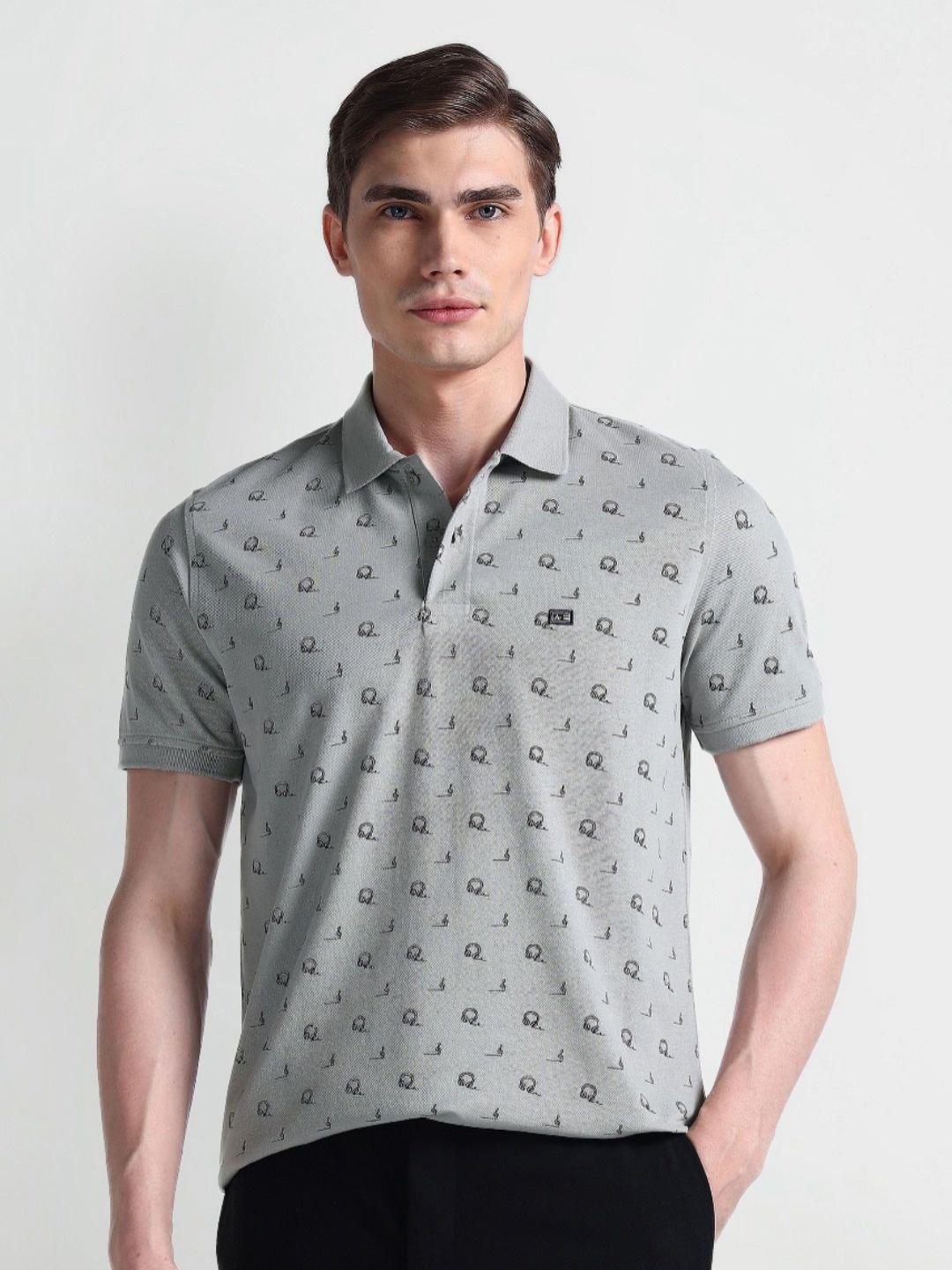 

Arrow Sport Men Conversational Printed Polo Collar Cotton T-Shirt, Grey