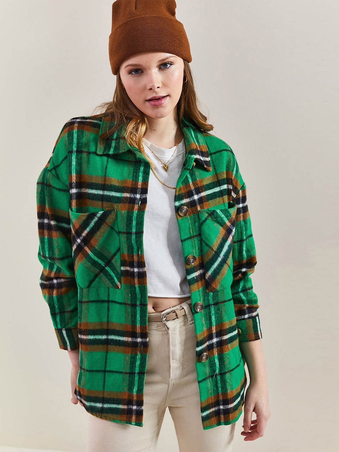 

BIANCO LUCCI Women Spread Collar Tartan Checked Cotton Casual Shirt, Green