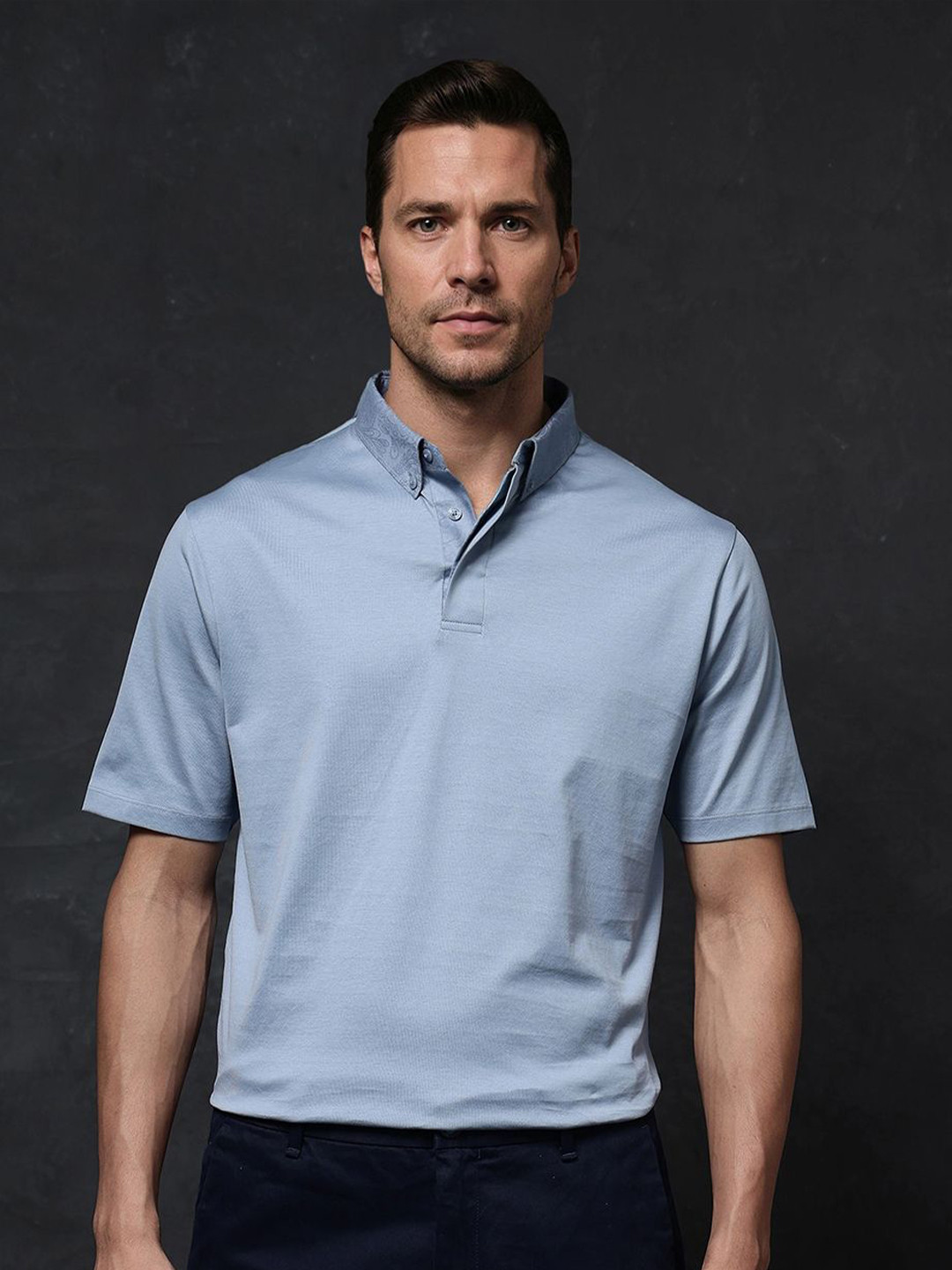 

RARE RABBIT Men Solid Polo Collar Cotton T-Shirt, Blue