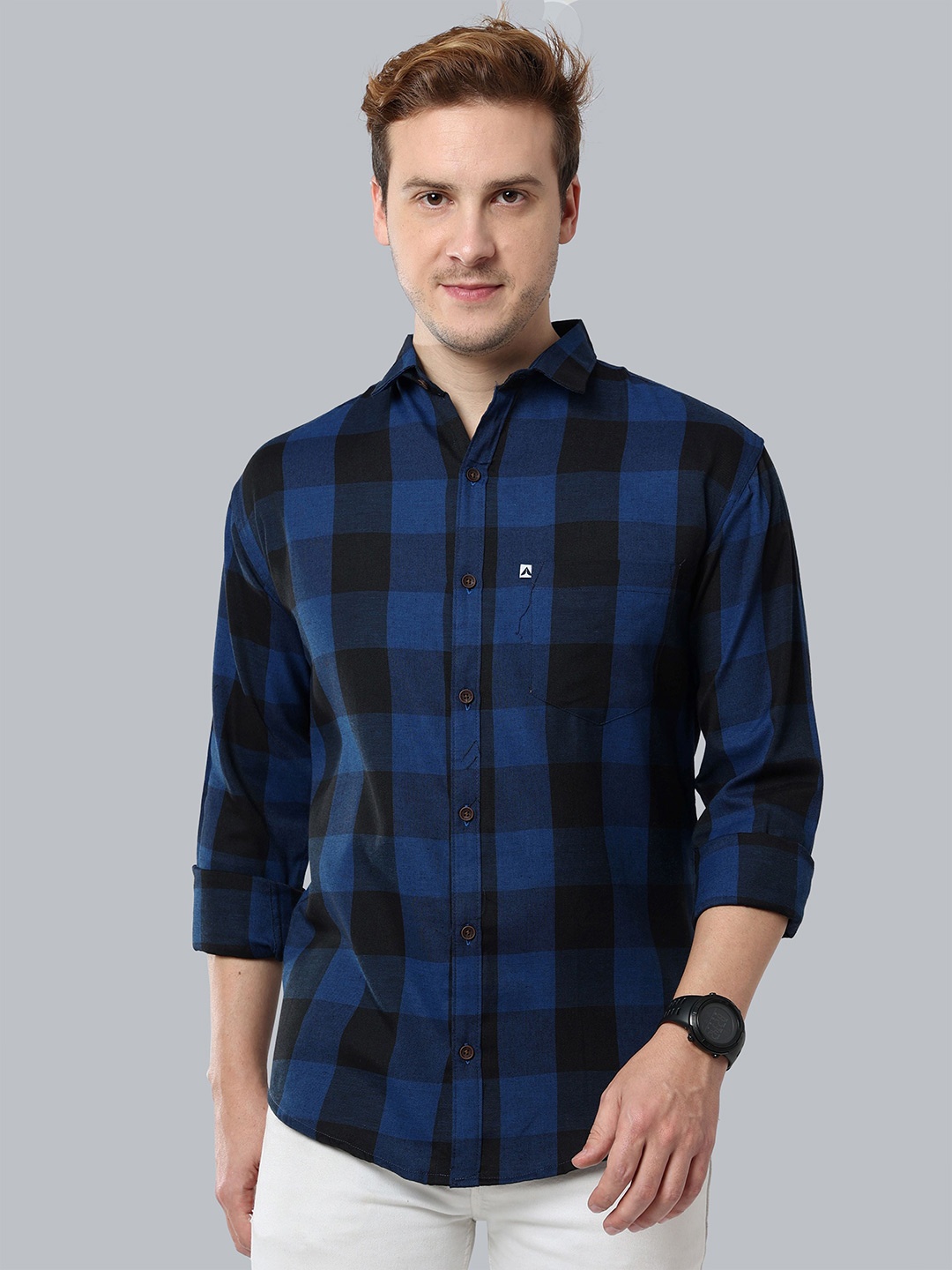 

ALLWIN PAUL Men Comfort Cutaway Collar Buffalo Checked Cotton Casual Shirt, Navy blue