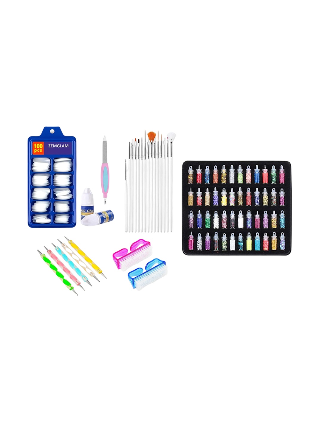 

zemglam Set Of 100 Artificial Nails With Filler Glue Bottle Glitter Brush, White