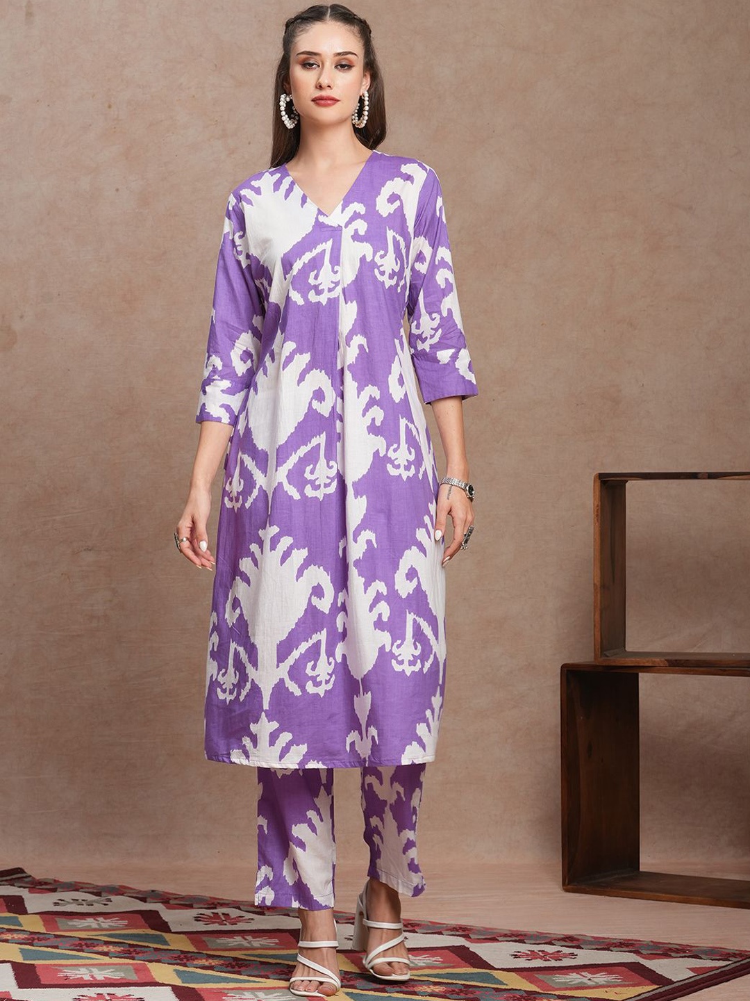 

FASHOR Printed Pure Cotton Tunic With Trousers, Purple