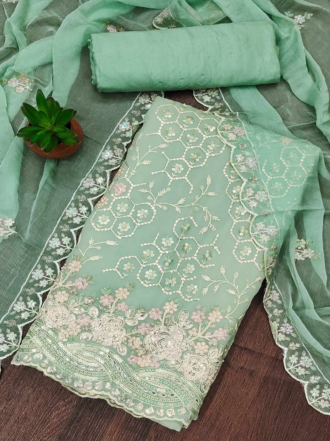 

Peachmode Sequinned Organza Unstitched Dress Material, Green