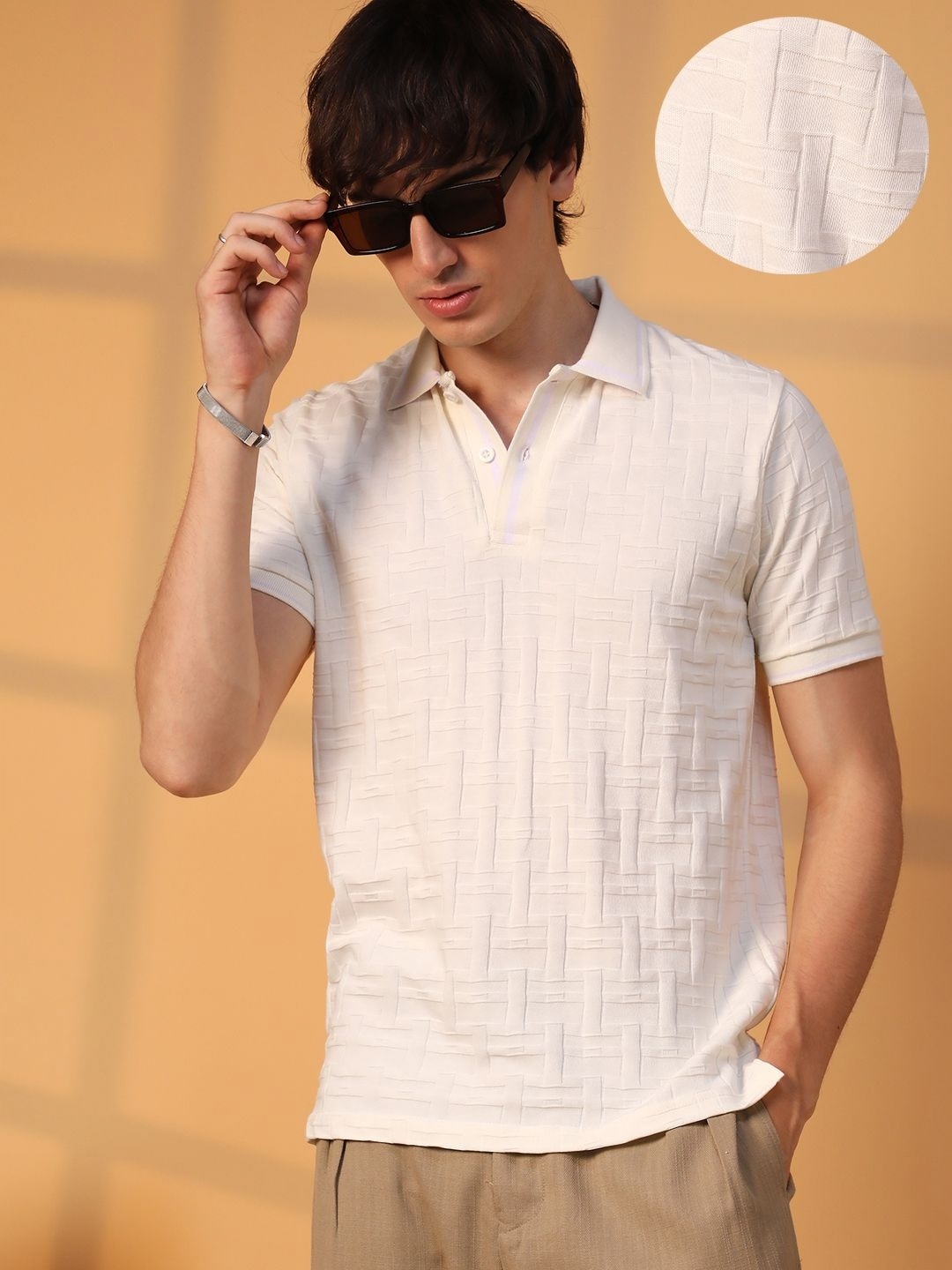 

Campus Sutra Men Self Design Polo Collar Cotton T-Shirt, White