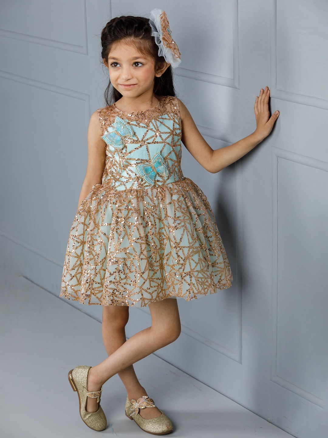 

The Lush Affair Kids-Girls Solid Printed Net Fit & Flare Dress, Gold