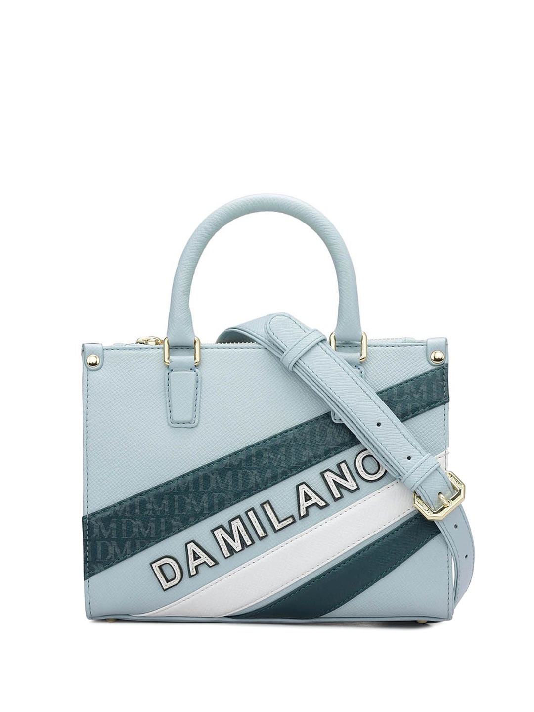 

Da Milano Textured Leather Structured Satchel with Cut Work, Blue