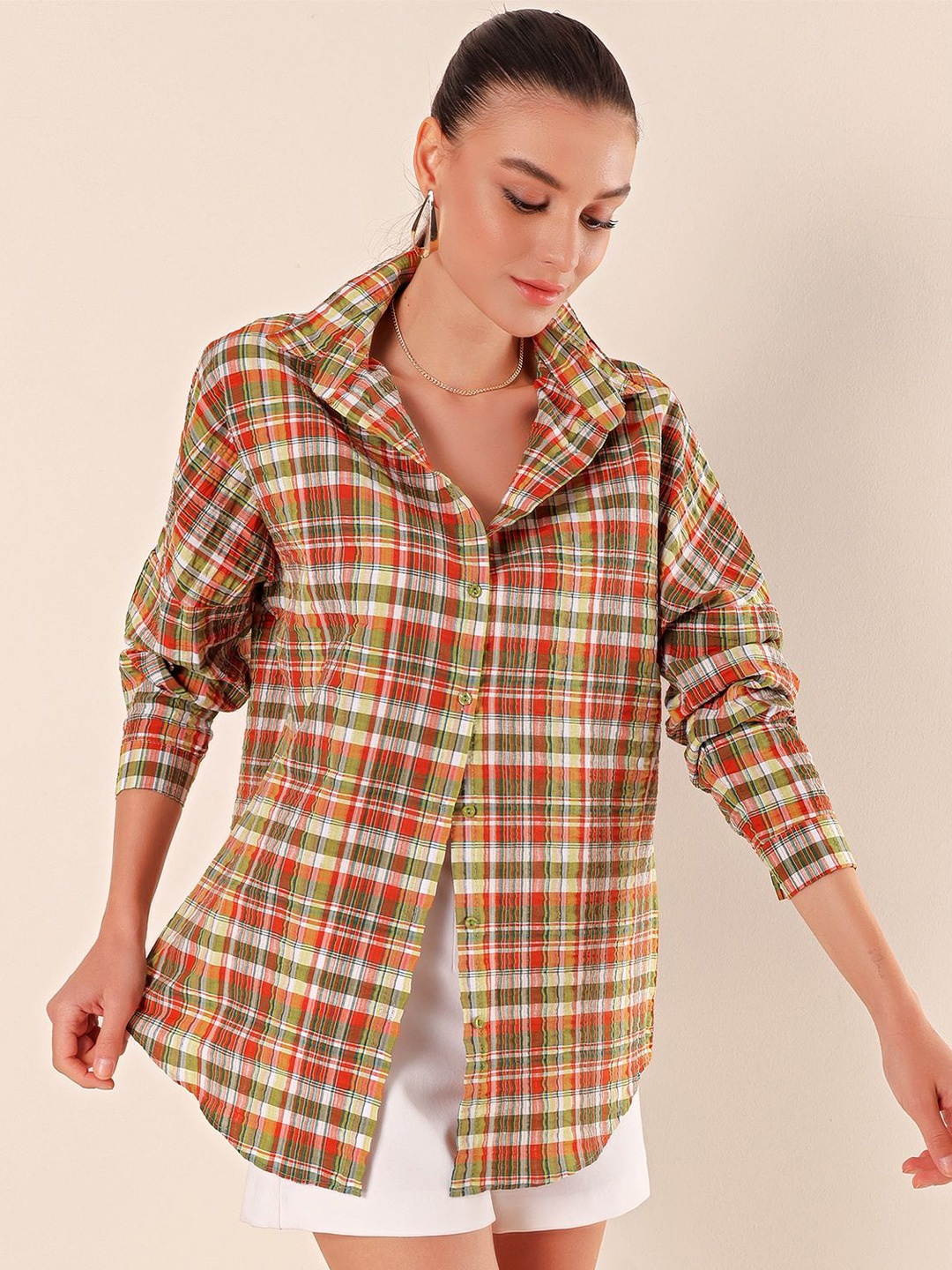 

BIGDART Women Spread Collar Tartan Checked Casual Shirt, Green