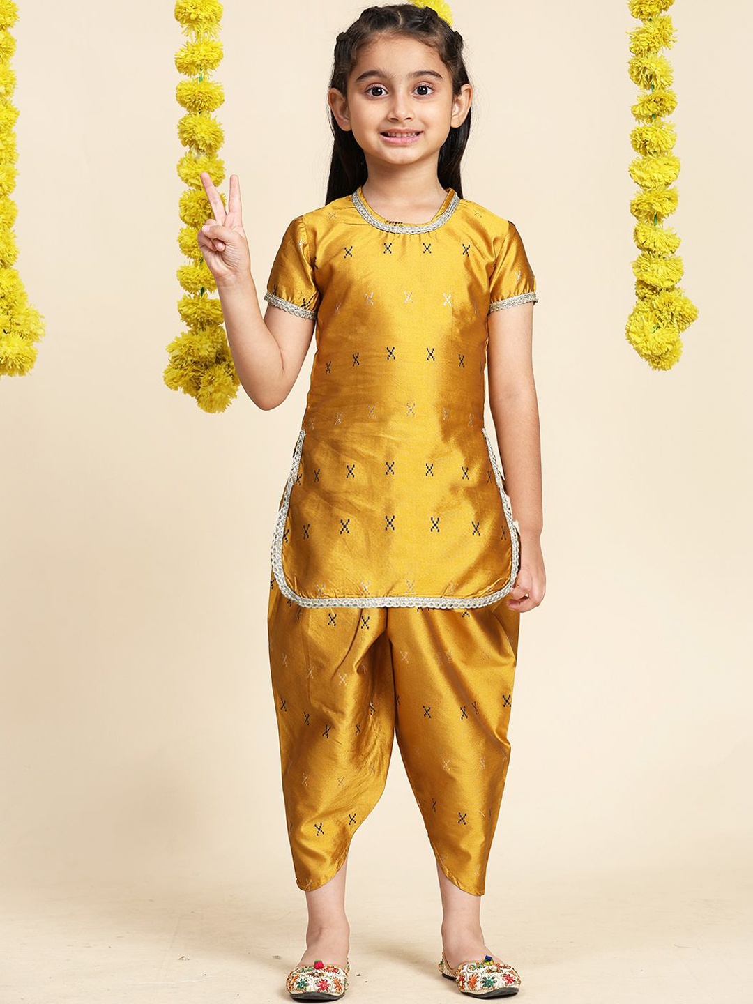 

Cutiekins Girls Geometric Printed Gotta Patti Straight Kurta With Dhoti Pants, Mustard