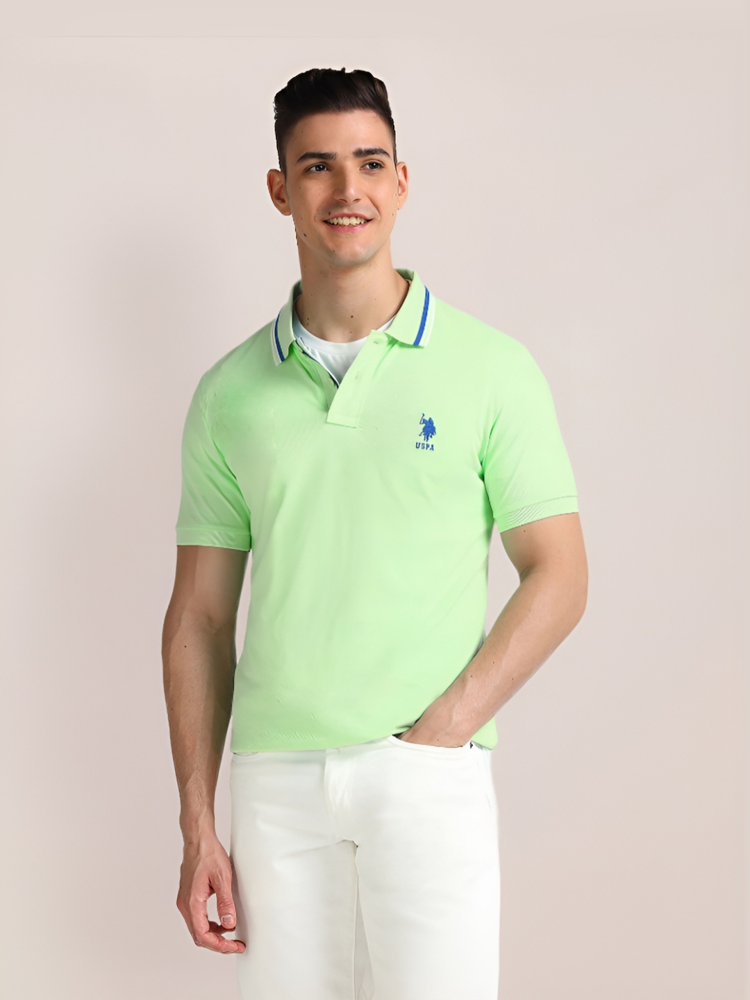 

U.S. Polo Assn. Men Solid Polo Collar Cotton Slim Fit T-Shirt, Green