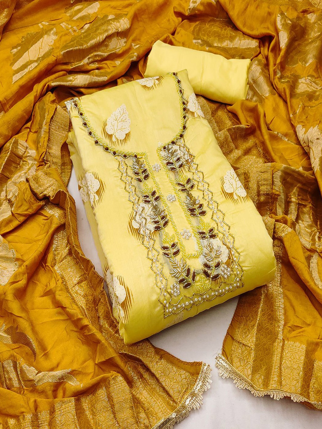 

Lilots Floral Beads and Stones Unstitched Dress Material, Yellow