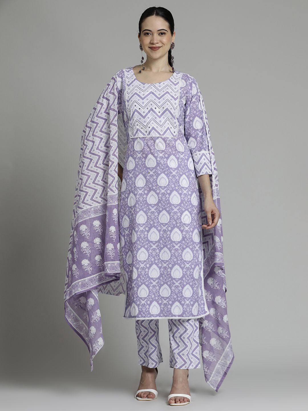 

Jaipur Kurti Ethnic Printed Cotton Kurta Set With Dupatta, Lavender