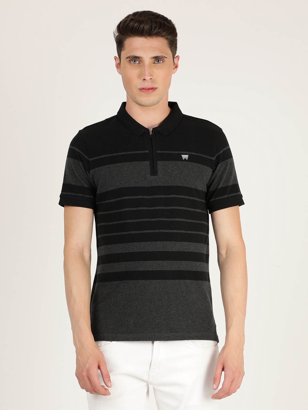 

Wrangler Men Black & Grey Cotton Striped Polo Collar T-shirt