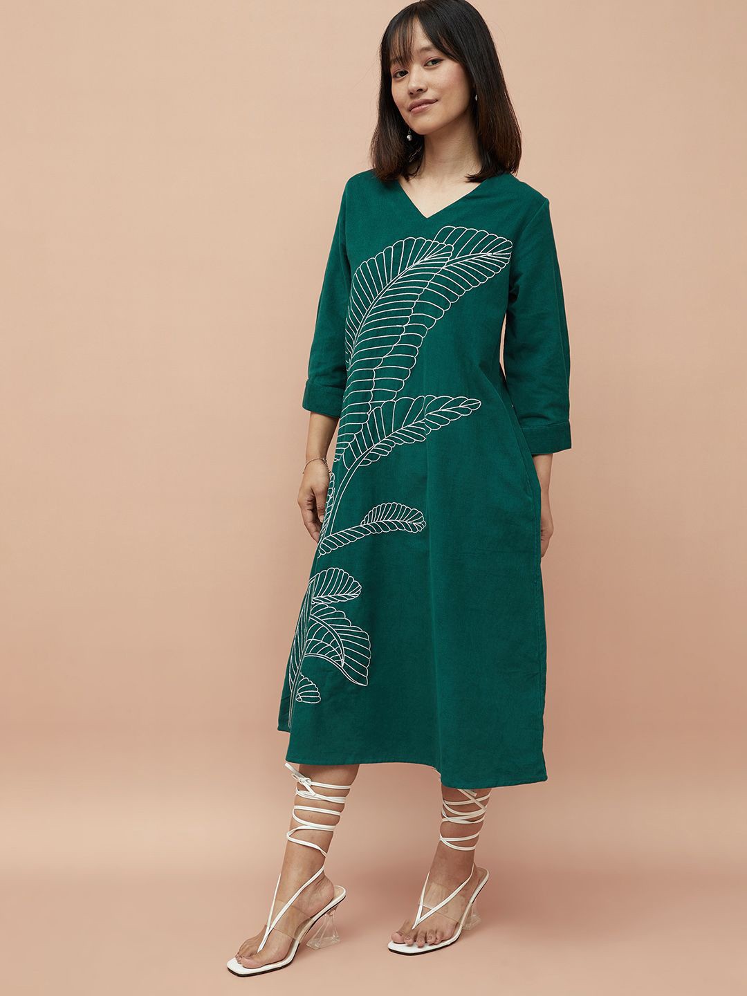 

Colour Me by Melange Embroidered Cotton A-Line Dress, Green