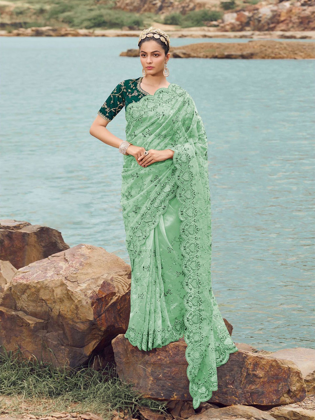 

ODETTE Floral Embroidered Beads and Stones Net Saree, Sea green