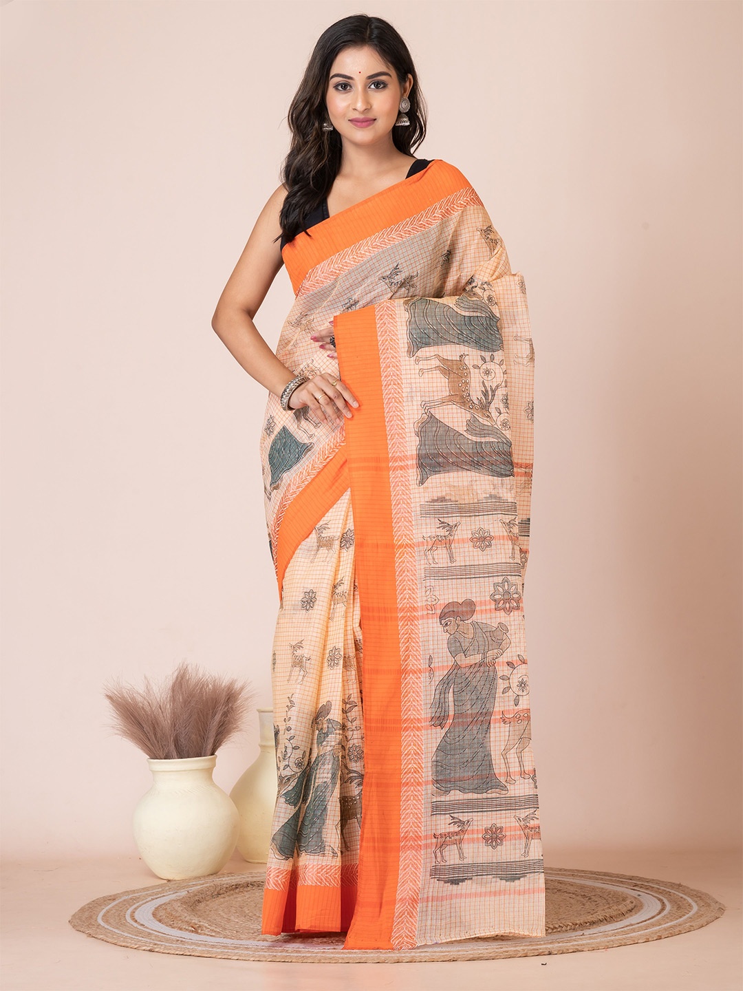 

Laa Calcutta Ethnic Motifs Pure Cotton Taant Saree, Beige