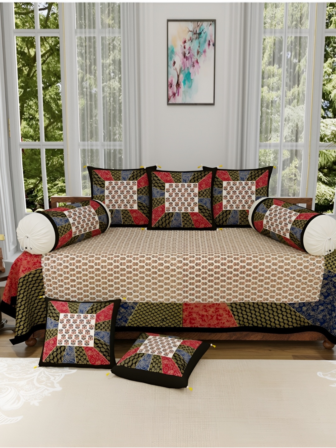 

The Craft Monk Maroon & White 8 Pieces Printed Pure Cotton Diwan Set