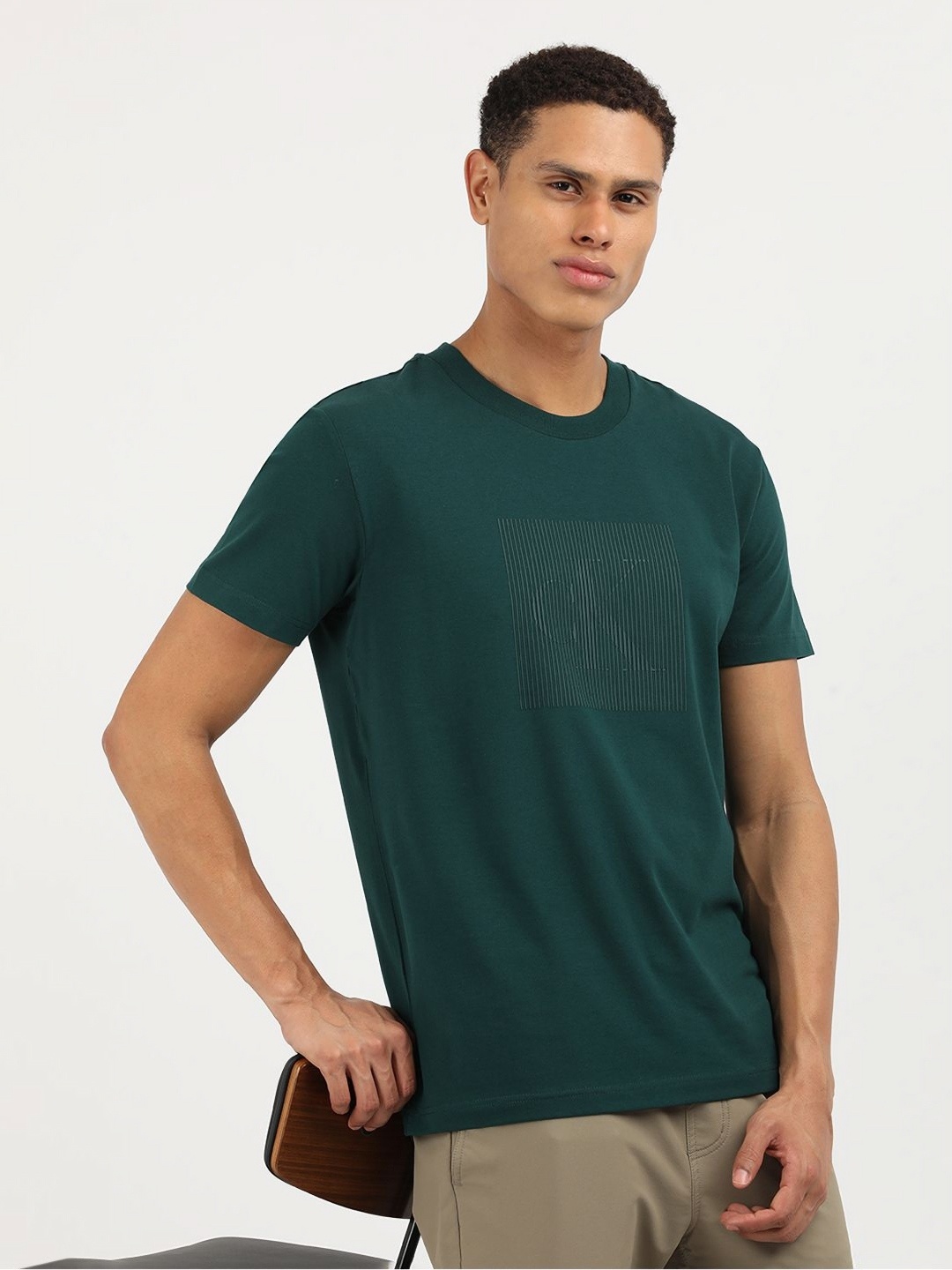

Calvin Klein Jeans Men Graphic Printed Round Neck Cotton T-Shirt, Green