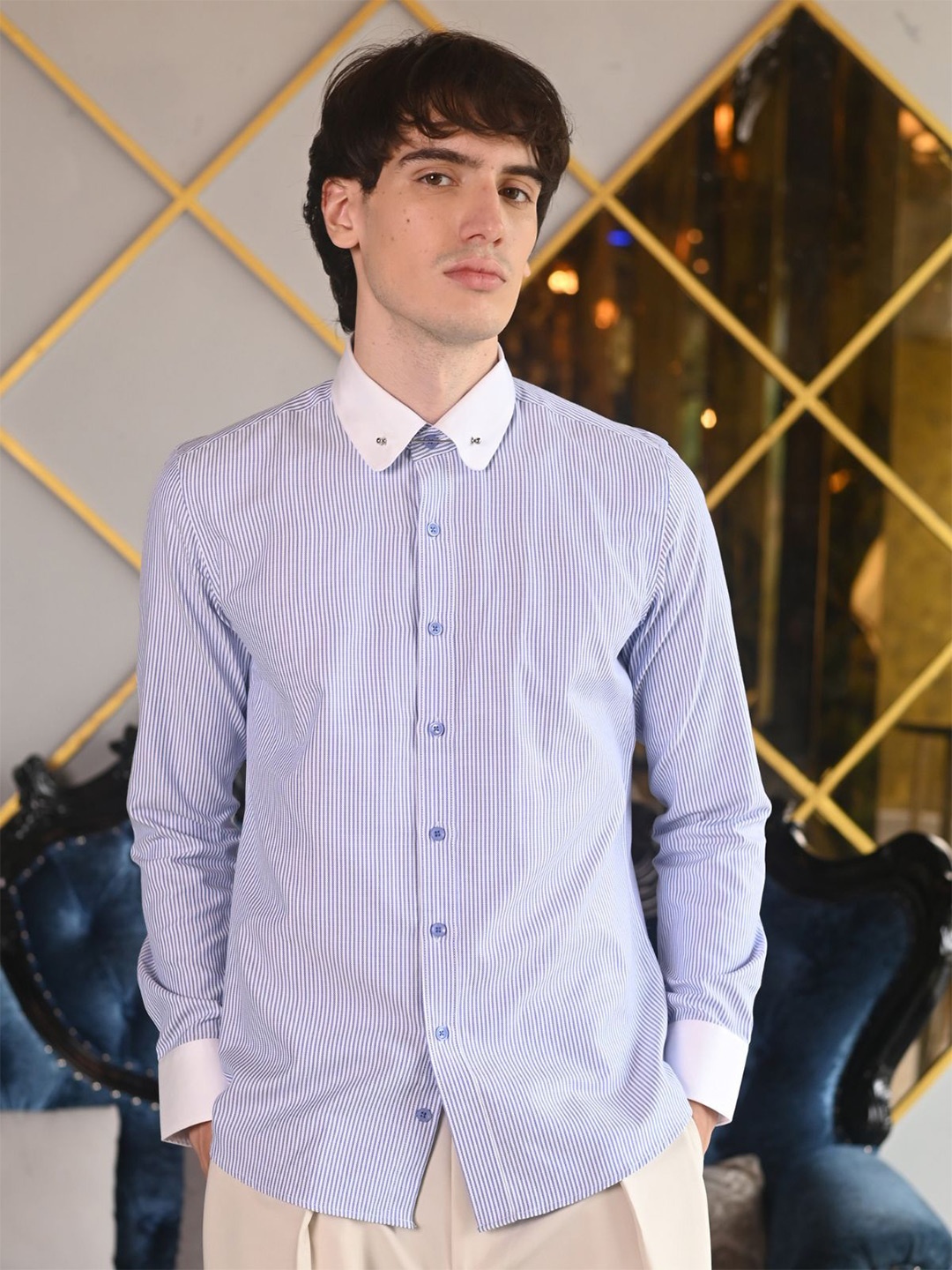 

ODETTE Men Club Collar Striped Cotton Formal Shirt, Blue