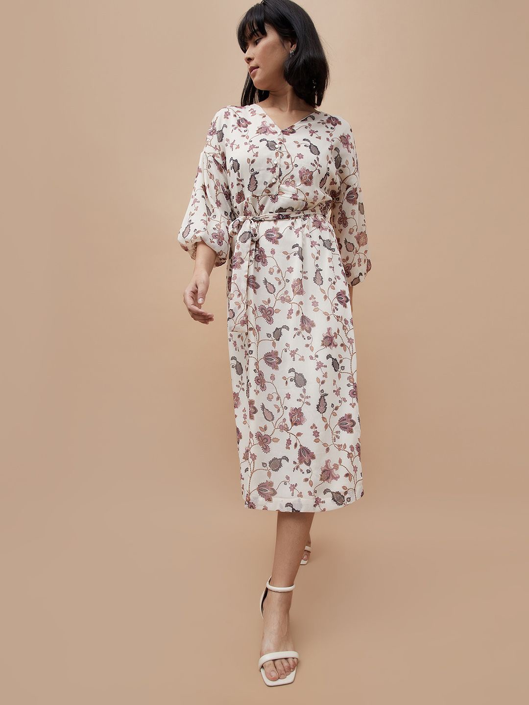 

CODE by Lifestyle Women Floral Printed Puff Sleeve Fit & Flare Dress, Beige