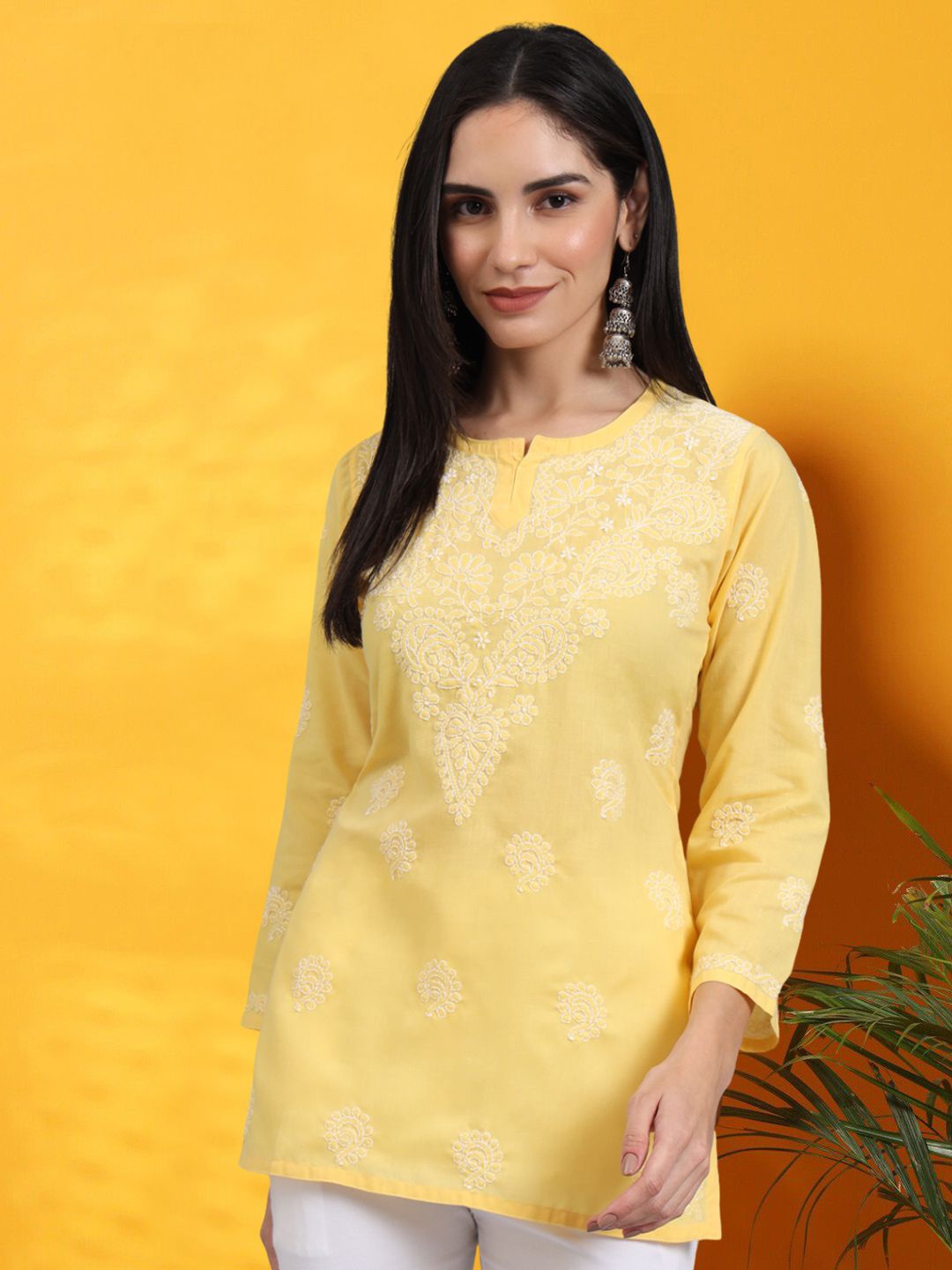 

PARAMOUNT CHIKAN Women Embroidered Lucknowi Chikankari Cotton Kurti, Yellow