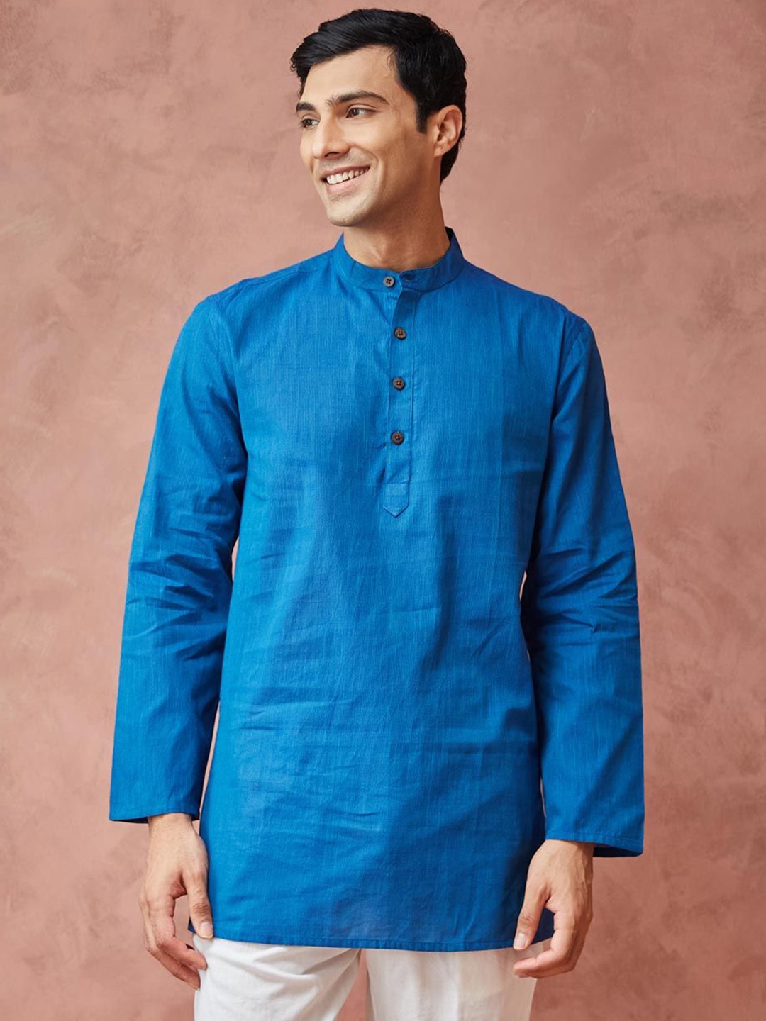 

Fabindia Band Collar Pure Cotton Straight Short Kurta, Blue