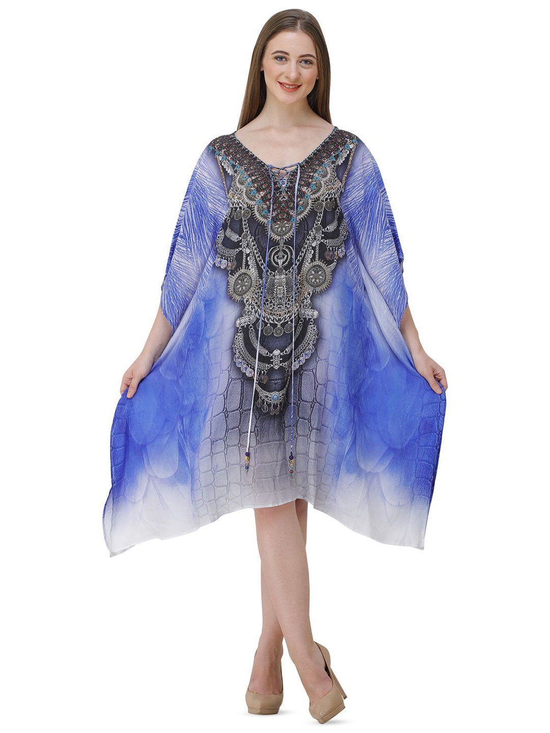 

ravi rajoria Printed Kimono Sleeves Georgette Kaftan Maxi Dress, Blue