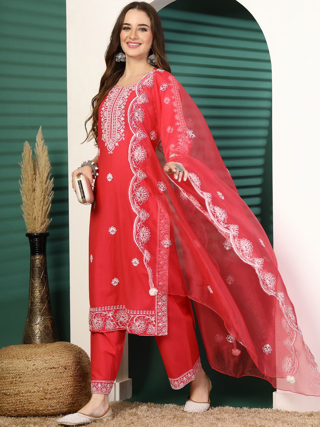 

Ramas Women Embroidered Regular Sequinned Pure Cotton Kurta with Palazzos & With Dupatta, Pink