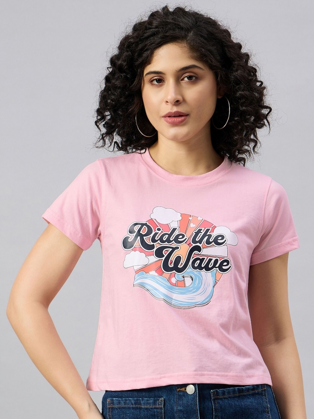 

REPRISE Women Typography Printed Round Neck Cotton T-Shirt, Pink