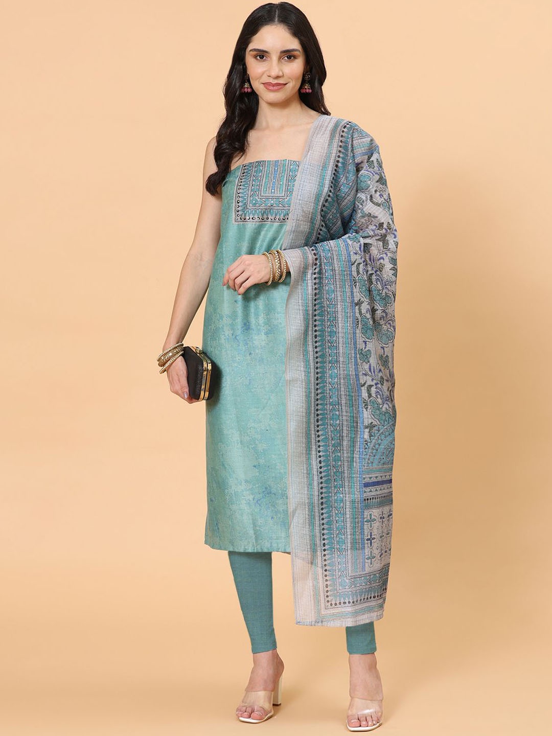 

Meena Bazaar Ethnic Motifs Printed Unstitched Dress Material, Sea green