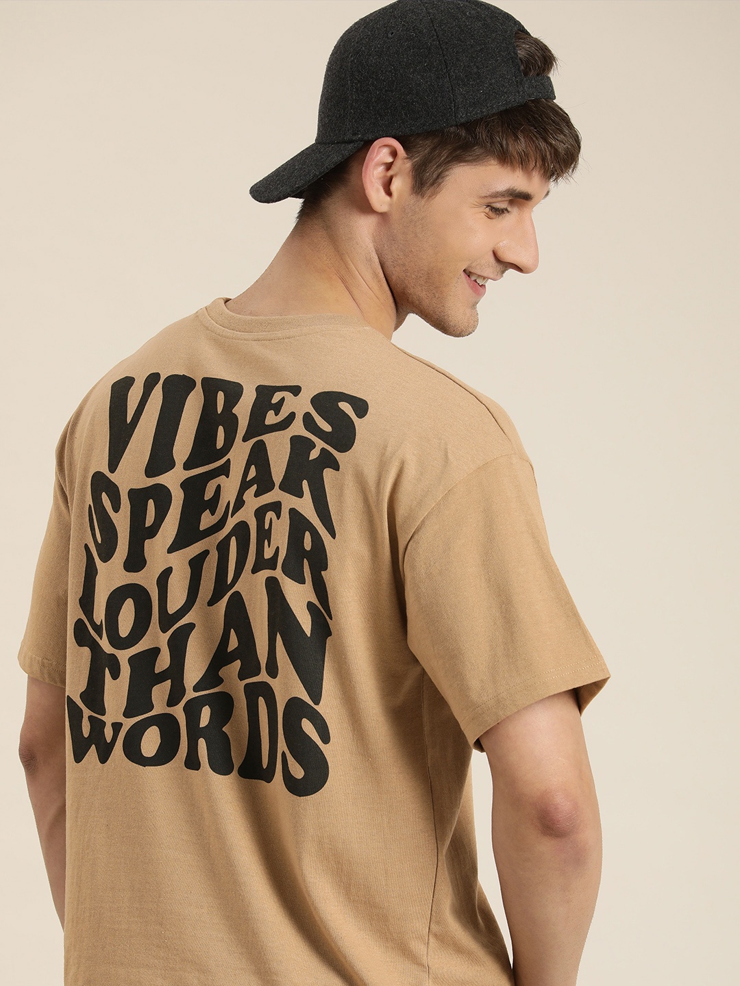 

HERE&NOW Typography Printed Drop-Shoulder Sleeves T-shirt, Brown