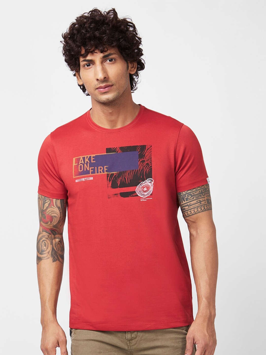 

SPYKAR Graphic Printed Slim Fit Cotton T-Shirt, Orange