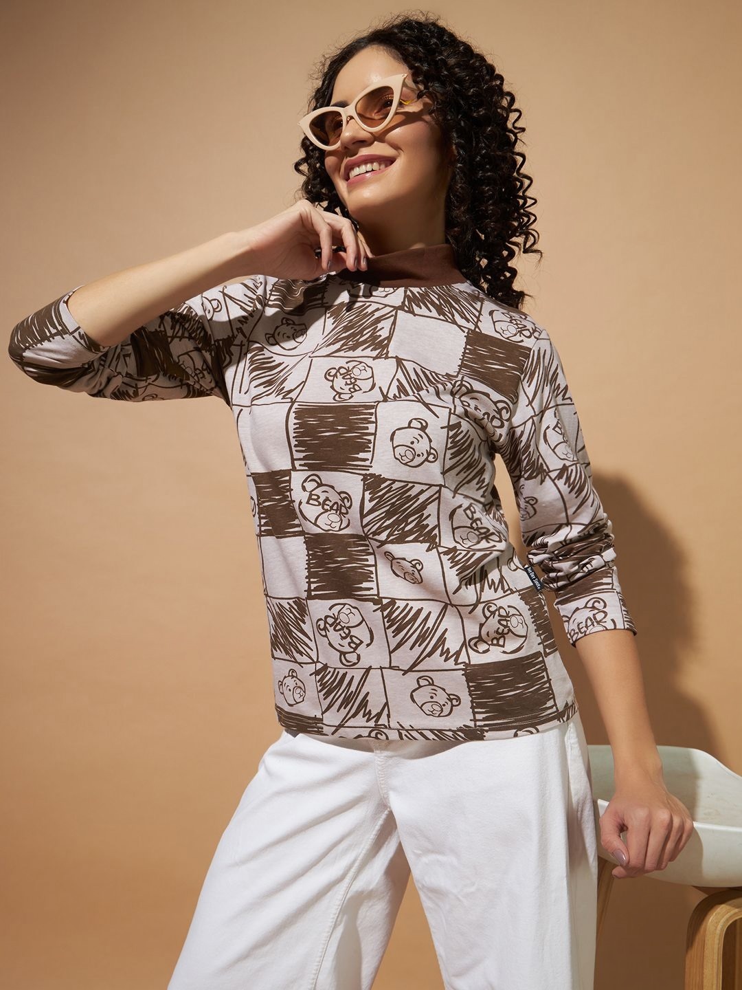 

The Dry State Women Conversational Printed High Neck Cotton T-Shirt, Brown