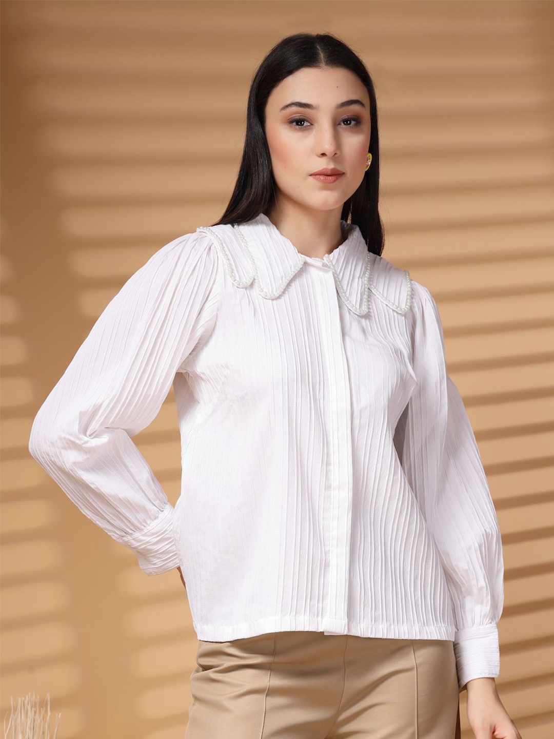 

plusS Women Standard Above the Keyboard Collar Solid Casual Shirt, White