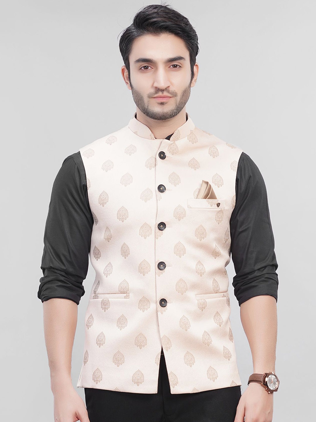 

LA'SCOOT Floral Woven Design Mandarin Collar Nehru Jacket, Peach