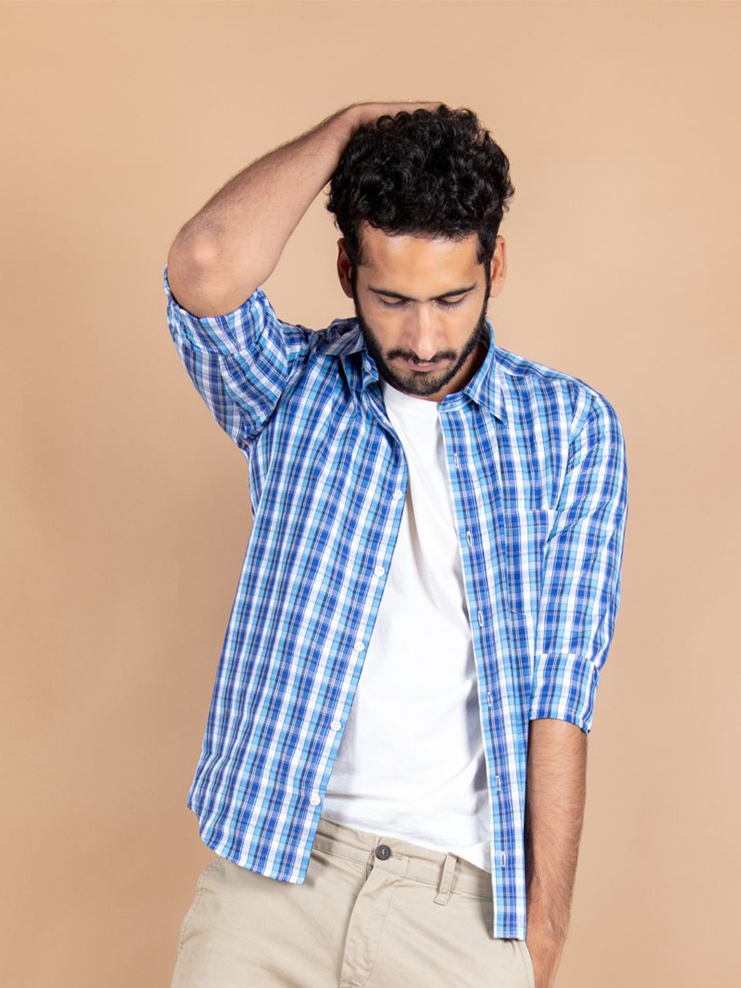 

Tistabene Men Standard Spread Collar Gingham Checked Cotton Casual Shirt, Blue