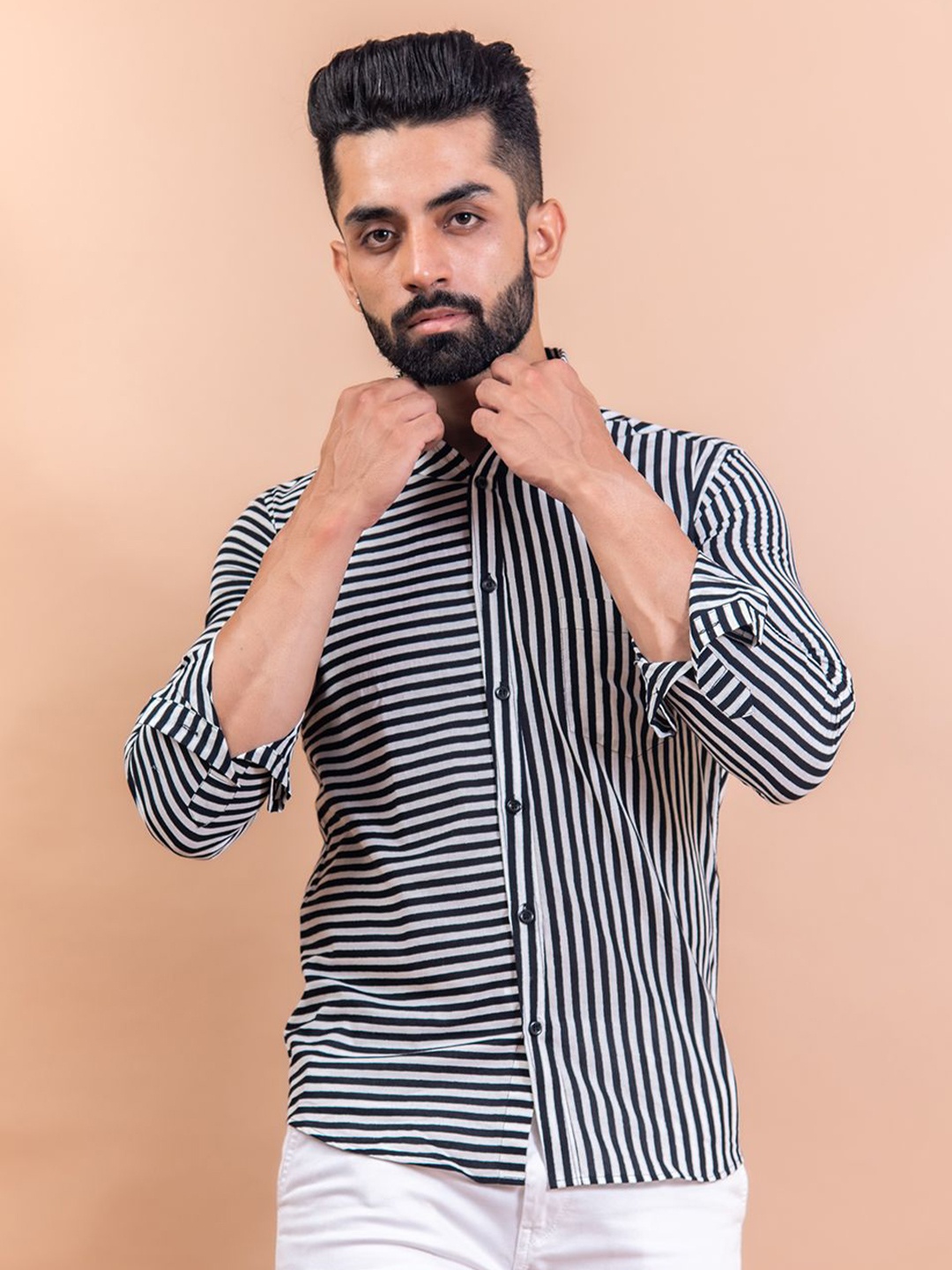 

Tistabene Men Standard Spread Collar Striped Cotton Casual Shirt, Black