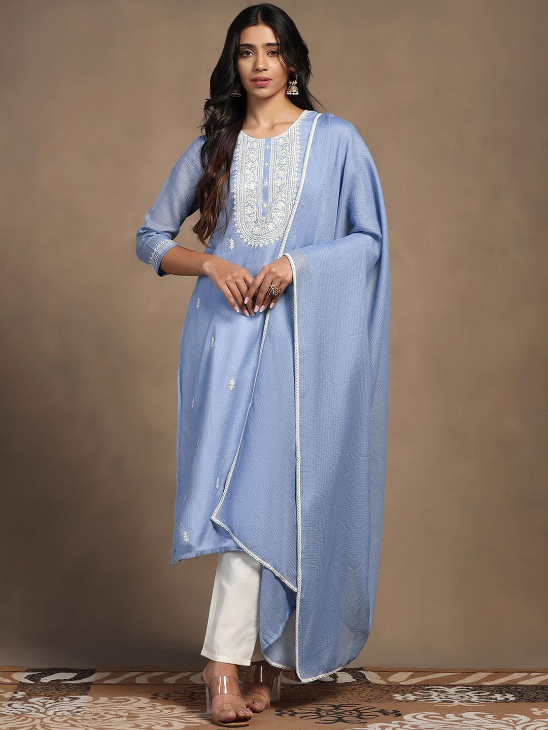 

BAESD Ethnic Motifs Embroidered Straight Kurta With Trouser & Dupatta, Blue