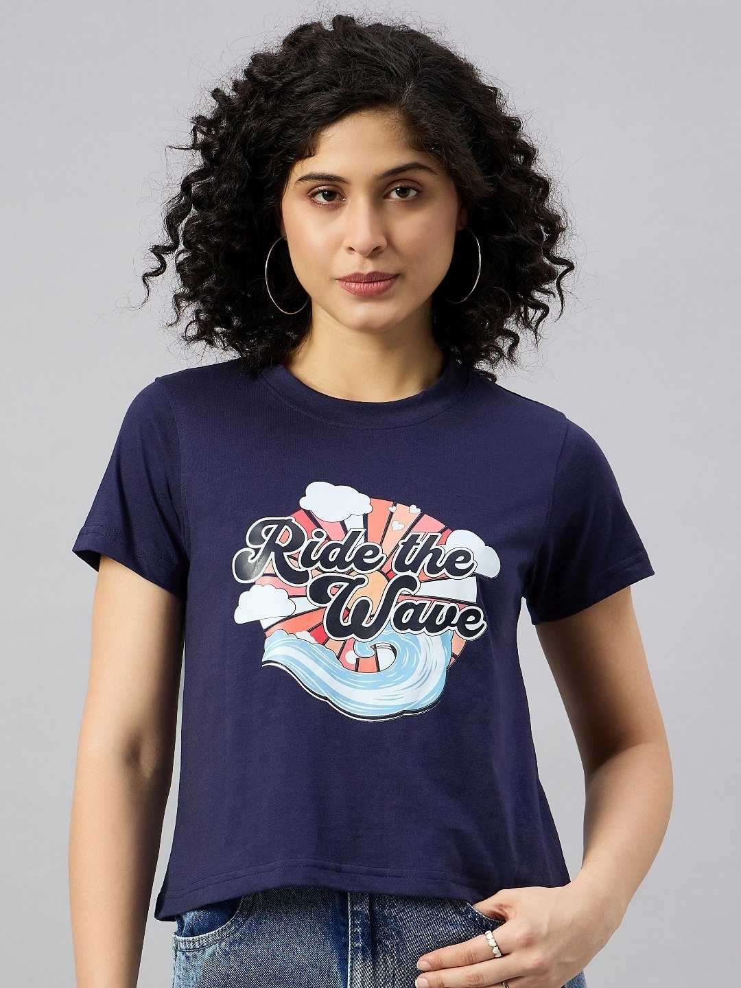 

REPRISE Women Typography Printed Round Neck Cotton T-Shirt, Navy blue