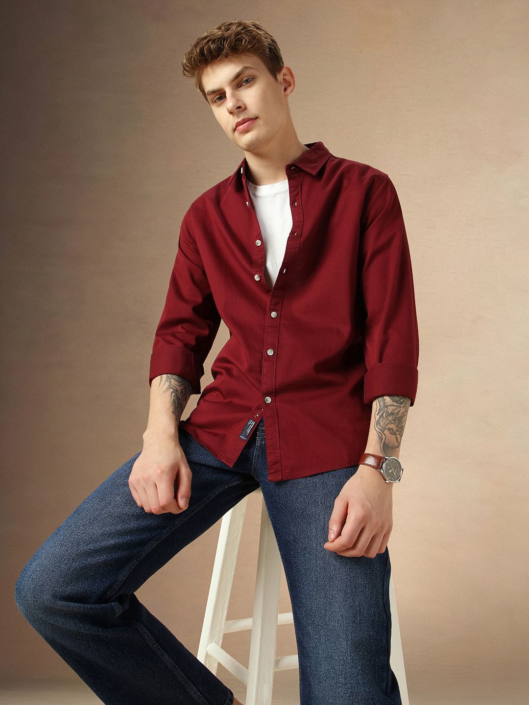 

Dennis Lingo Men Spread Collar Solid Cotton Relaxed Fit Casual Shirt, Maroon