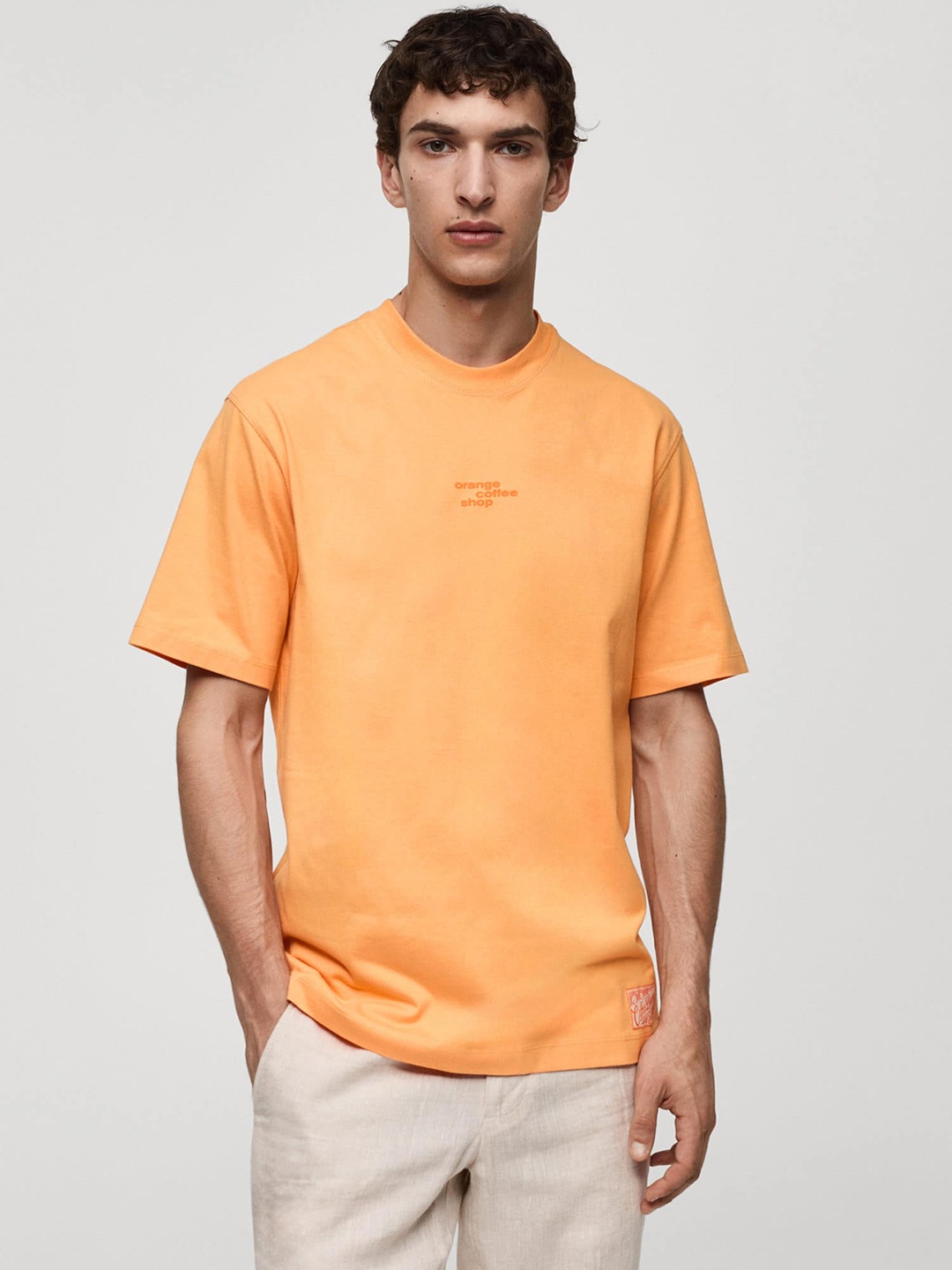 

MANGO MAN Pure Cotton Drop-Shoulder T-shirt, Orange