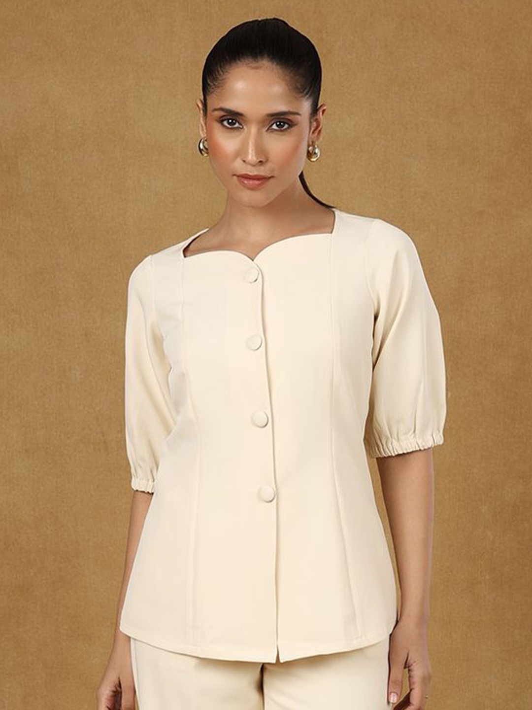 

PowerSutra Sweetheart Neck Puff Sleeve Top, Beige