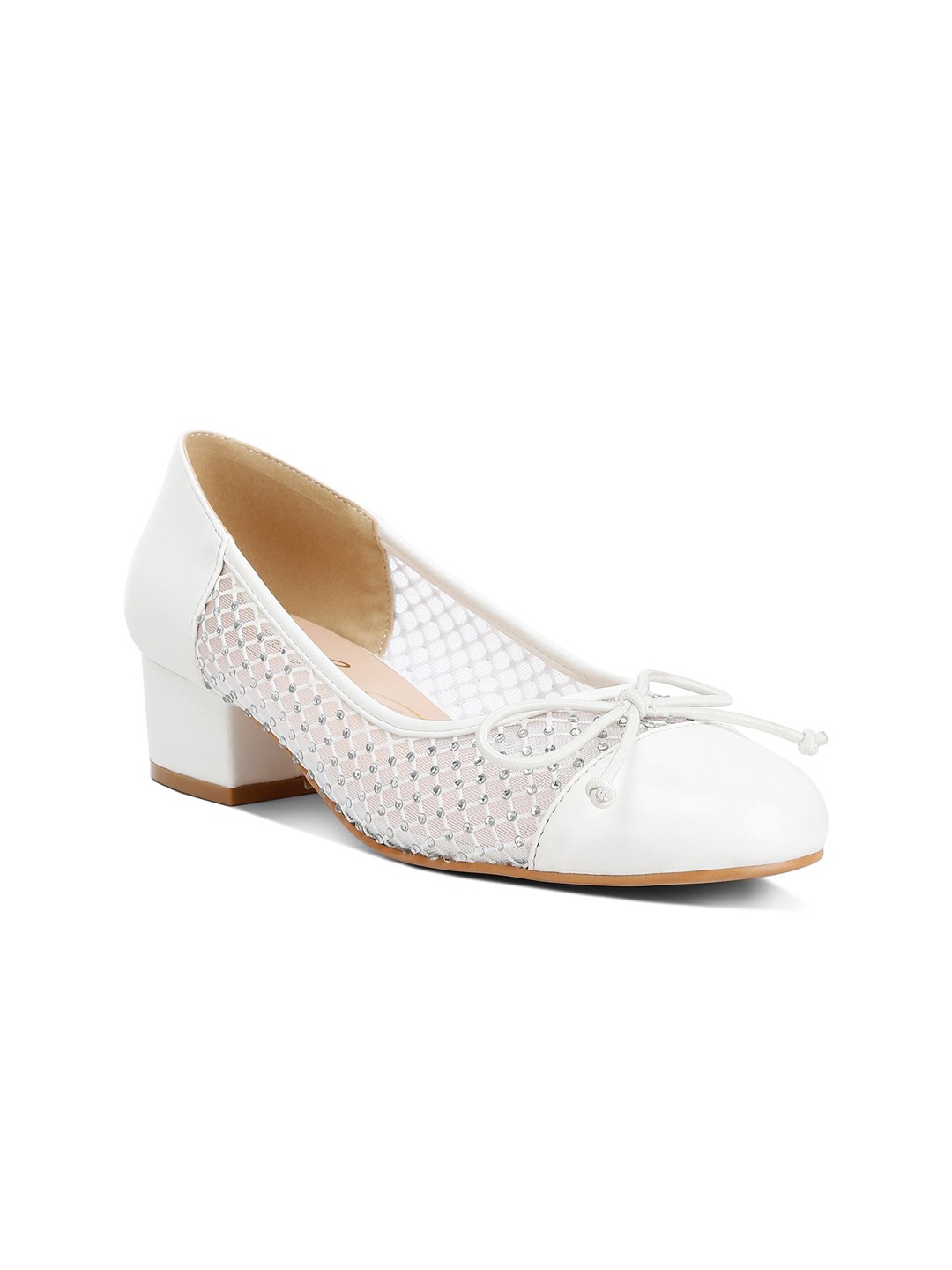 

London Rag Women Leather Textured Block Heels Pumps with Bows, White