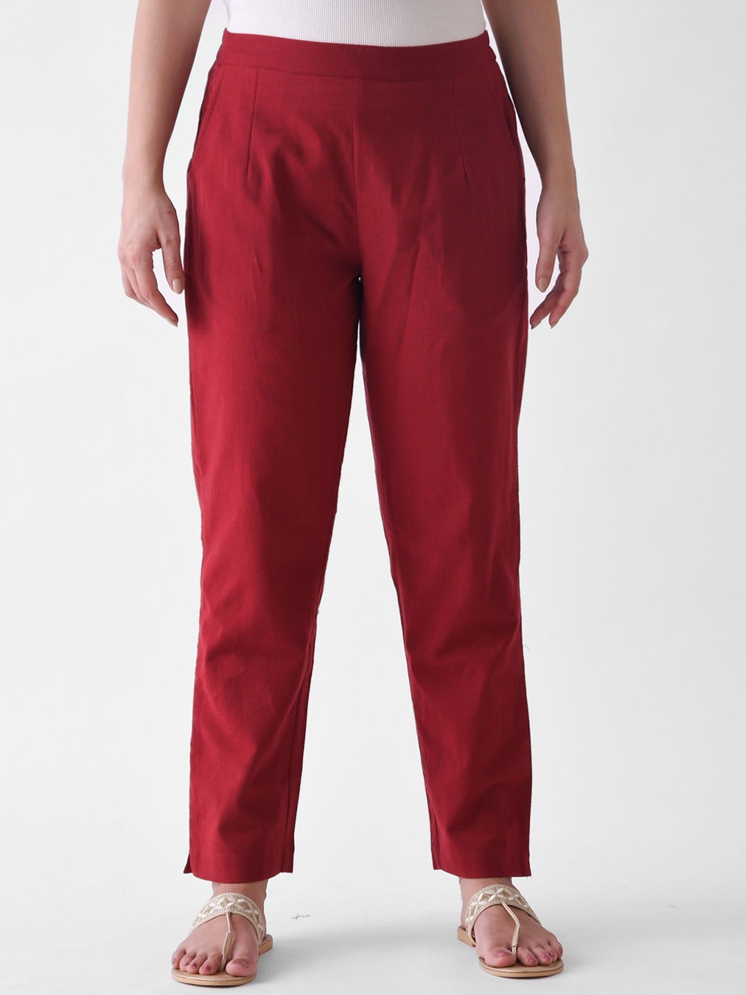 

Rustorange Women Pleated Pure Cotton Trousers, Maroon